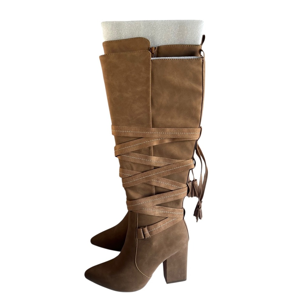 Comfort Women's Tan Faux Suede Strappy Knee-High Boots Block Heel Size 8